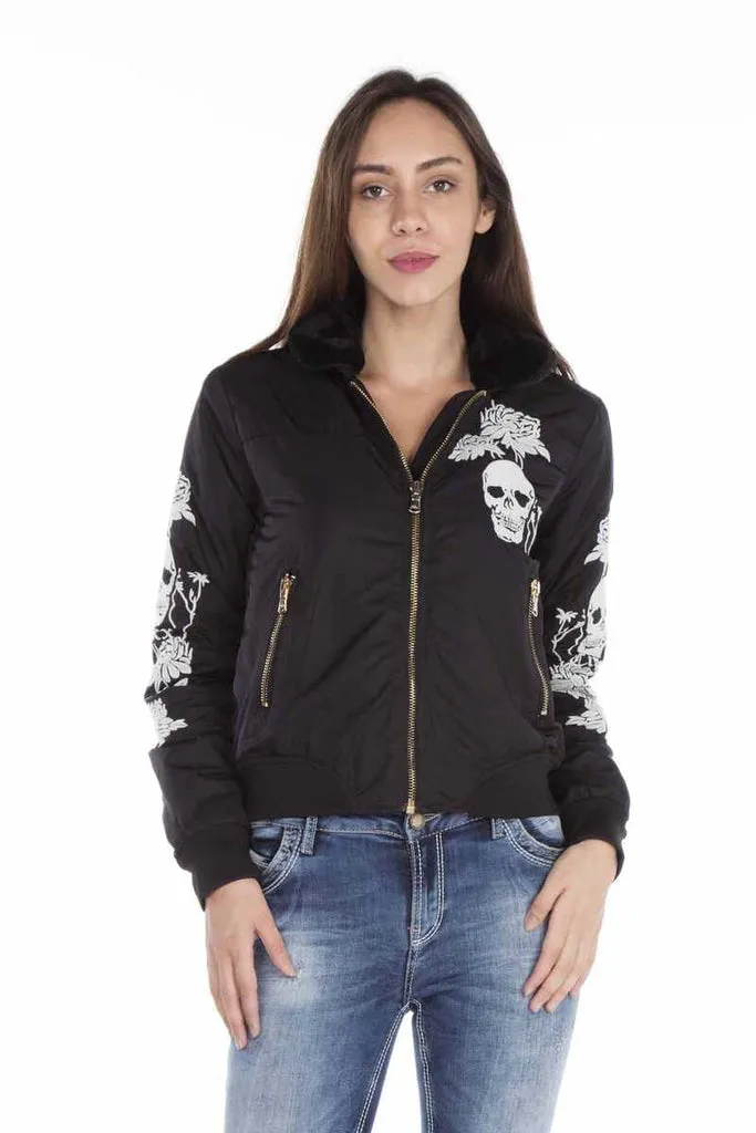 WJ137 Dragon Skull Embroidered Fur Collar Women's Coat