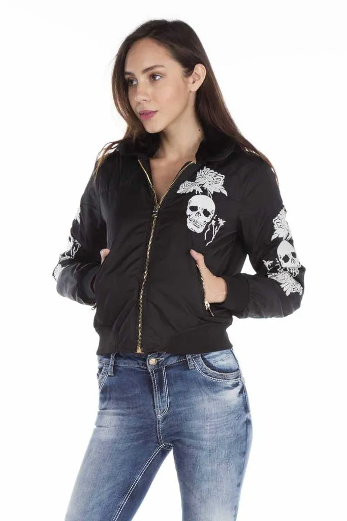 WJ137 Dragon Skull Embroidered Fur Collar Women's Coat