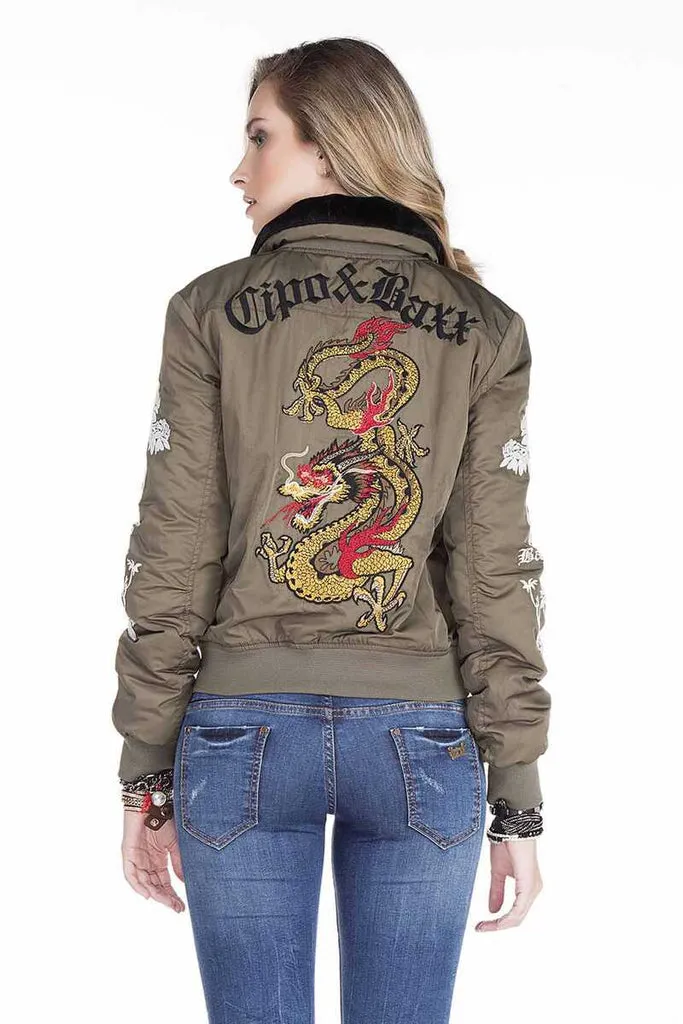 WJ137 Dragon Skull Embroidered Fur Collar Women's Coat