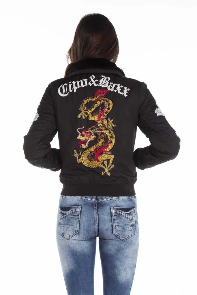 WJ137 Dragon Skull Embroidered Fur Collar Women's Coat