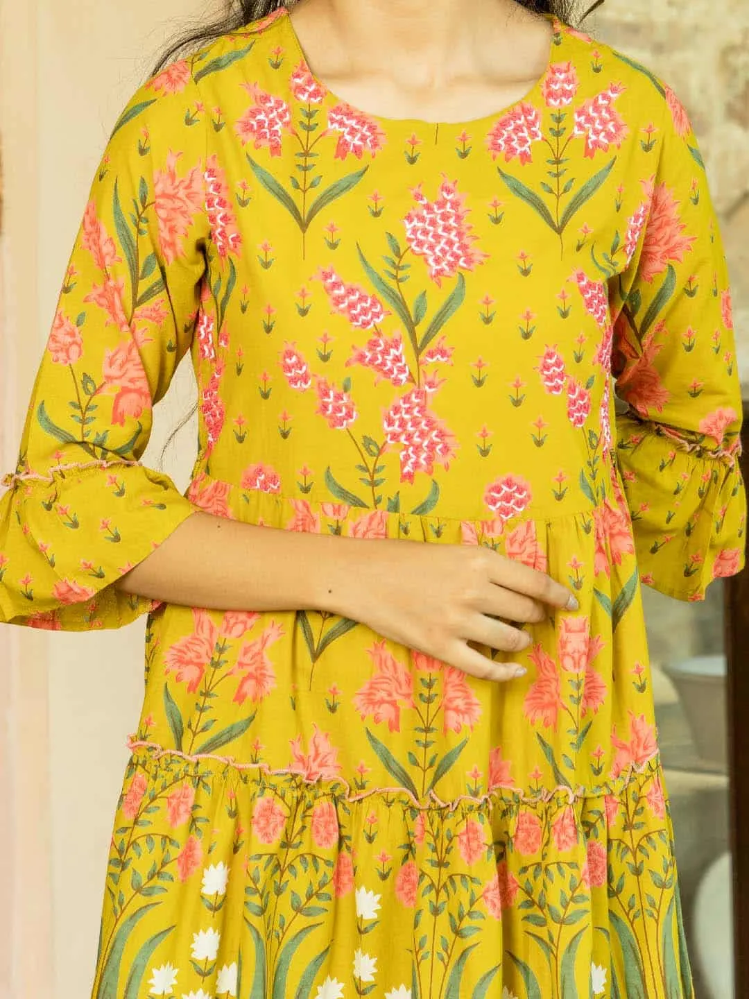 Women Anarkali Mehndi Green Dress Kurta