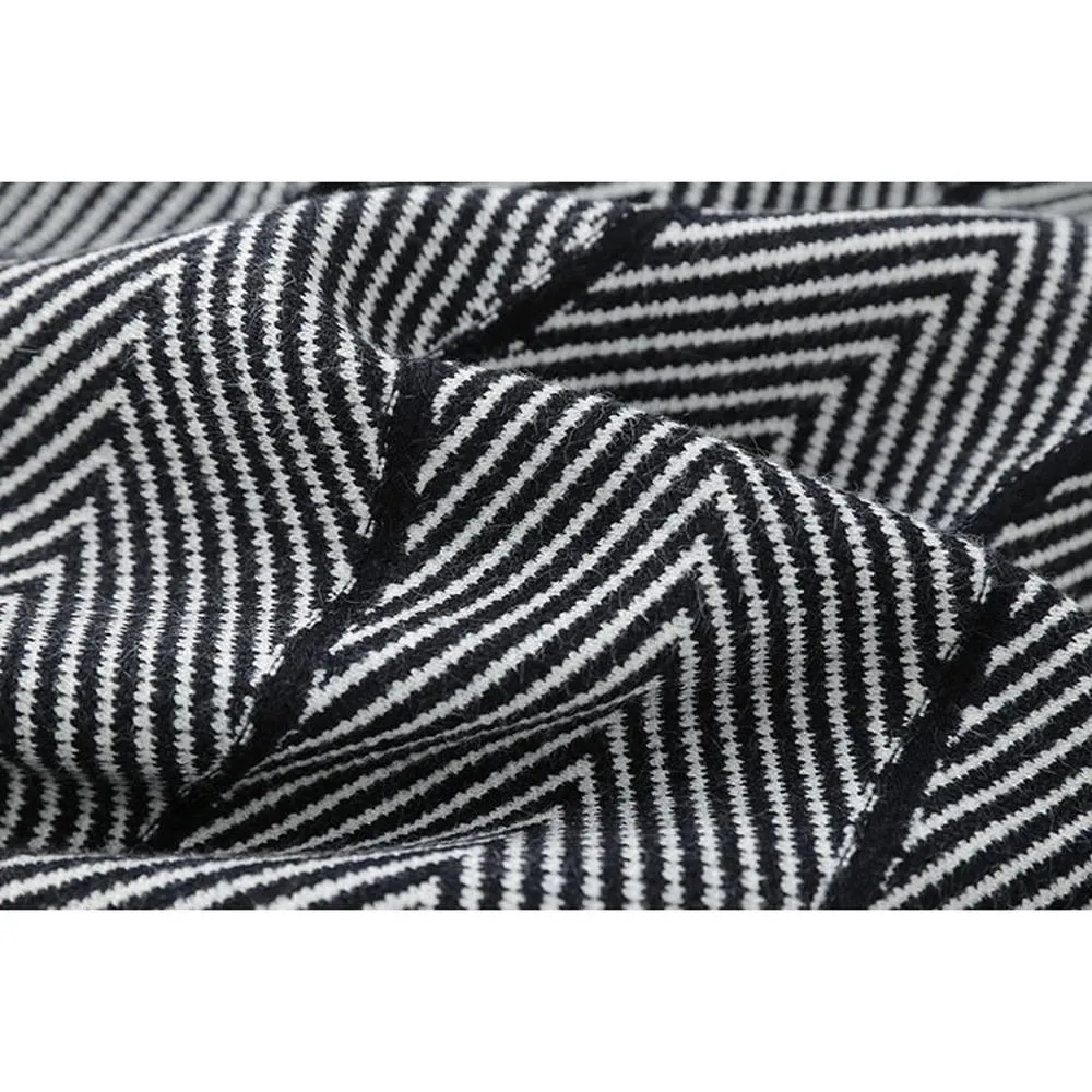 Women Collar A-line Knit Dress Thickened Arrow Striped Elegant Sashes Knitted Dress