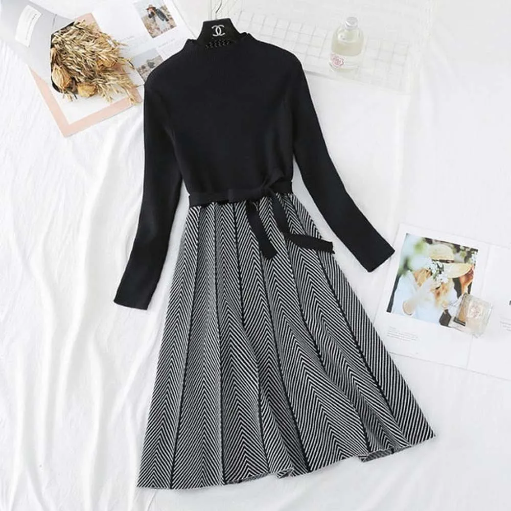 Women Collar A-line Knit Dress Thickened Arrow Striped Elegant Sashes Knitted Dress