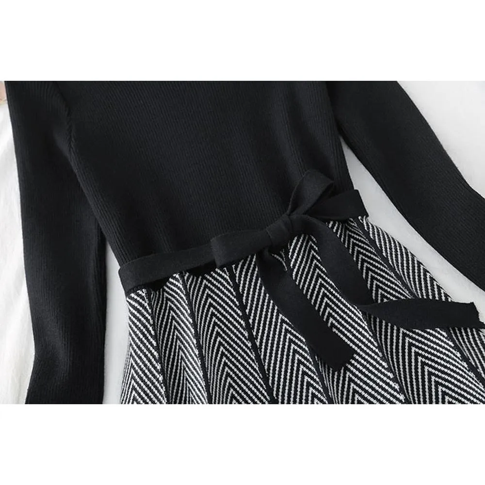 Women Collar A-line Knit Dress Thickened Arrow Striped Elegant Sashes Knitted Dress
