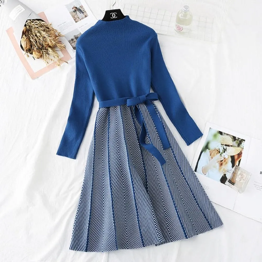 Women Collar A-line Knit Dress Thickened Arrow Striped Elegant Sashes Knitted Dress
