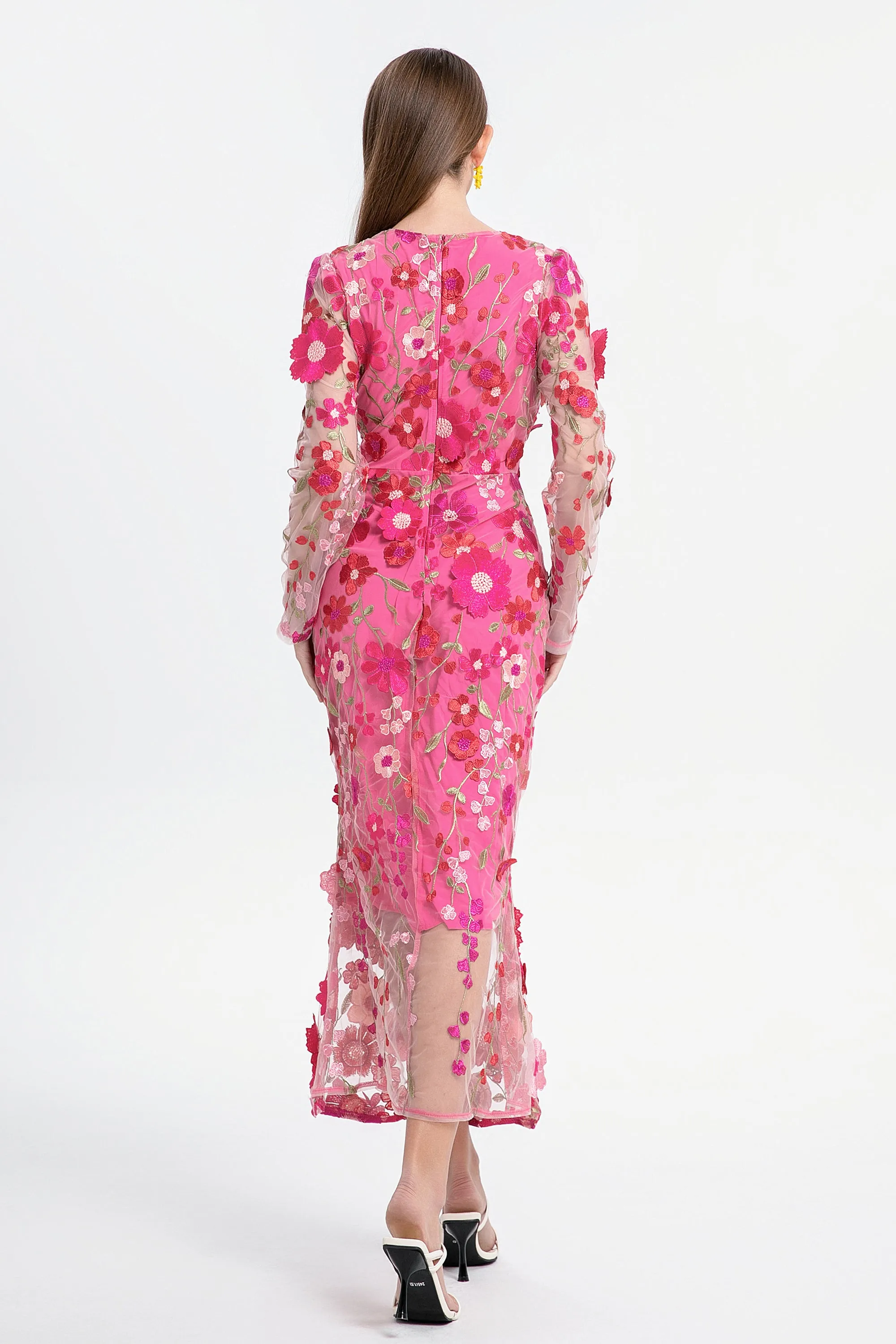 Women's 3D Floral Mesh Embroidery Bodycon Maxi Dress
