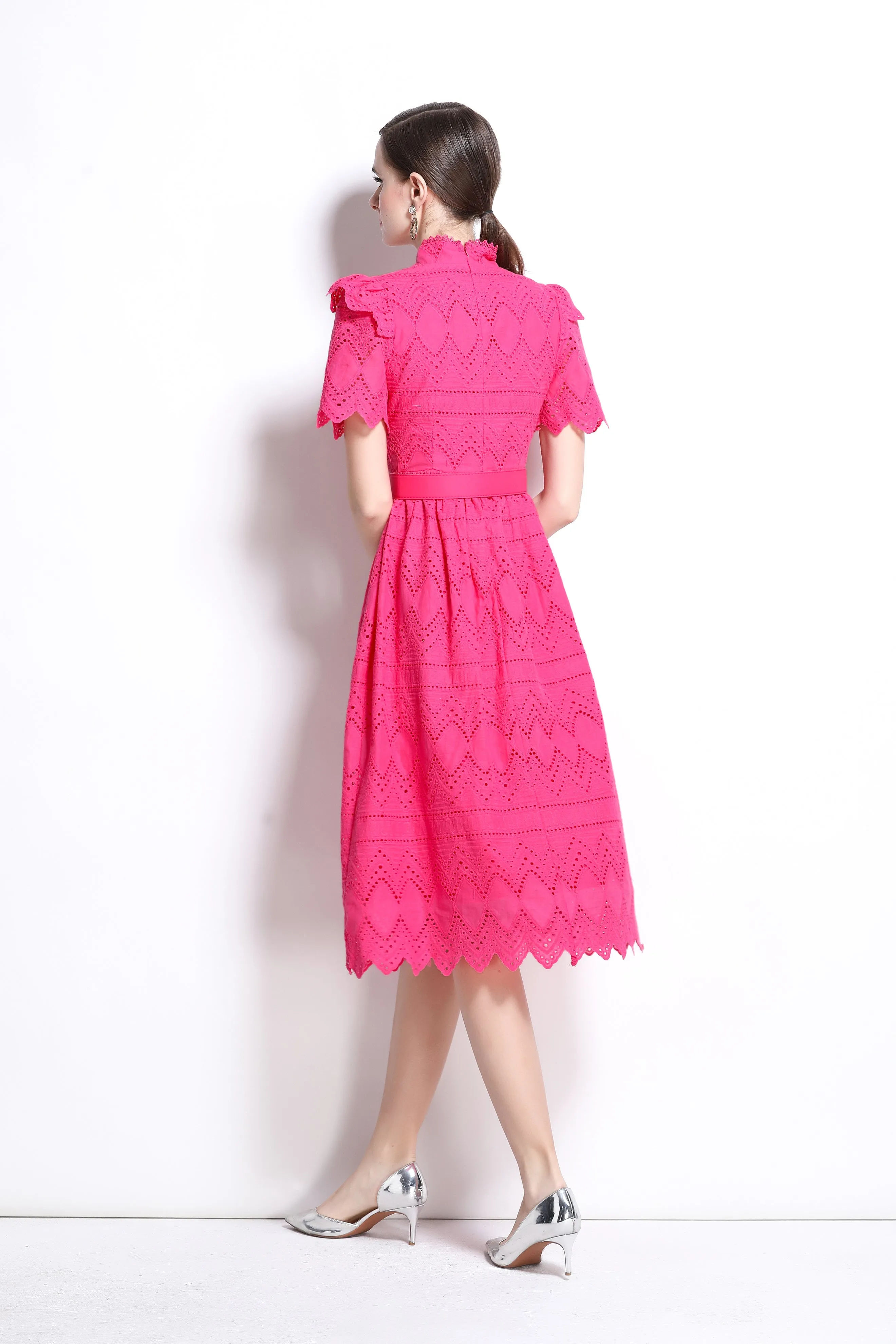 Women's Short Sleeve Lace Buttons Ruffles Midi Dress
