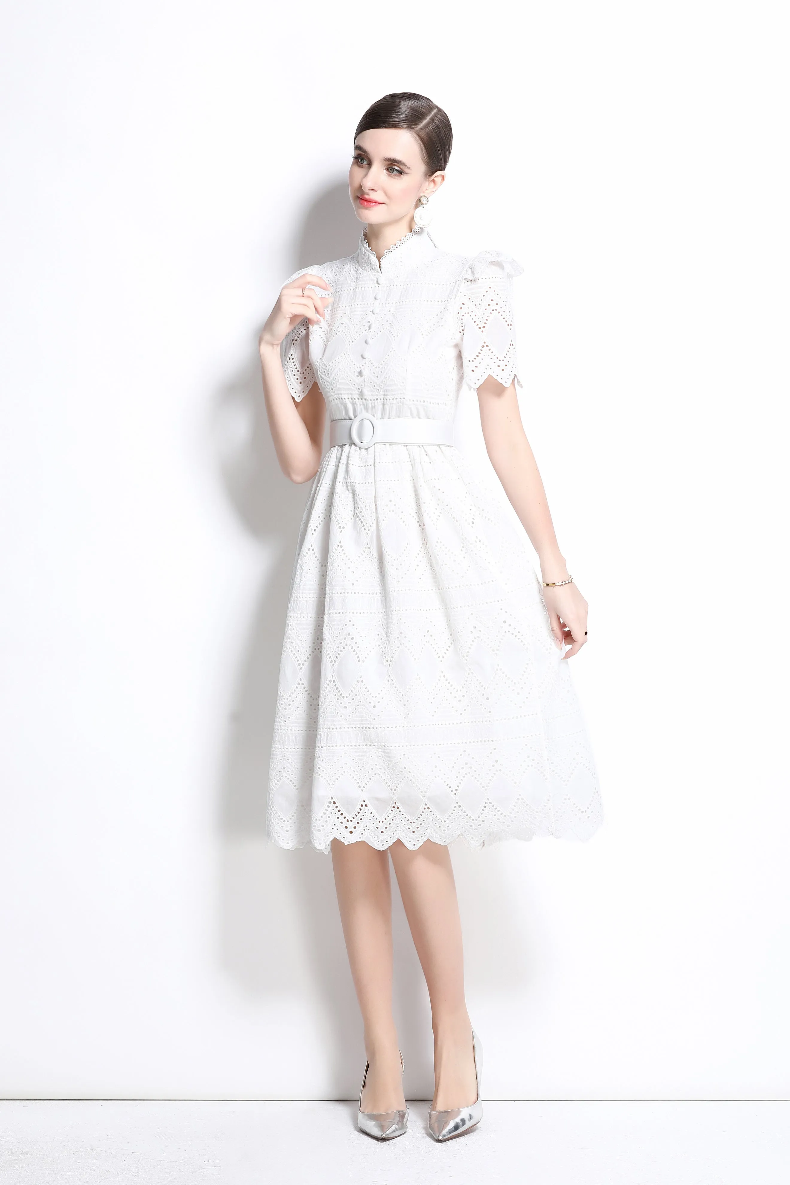 Women's Short Sleeve Lace Buttons Ruffles Midi Dress