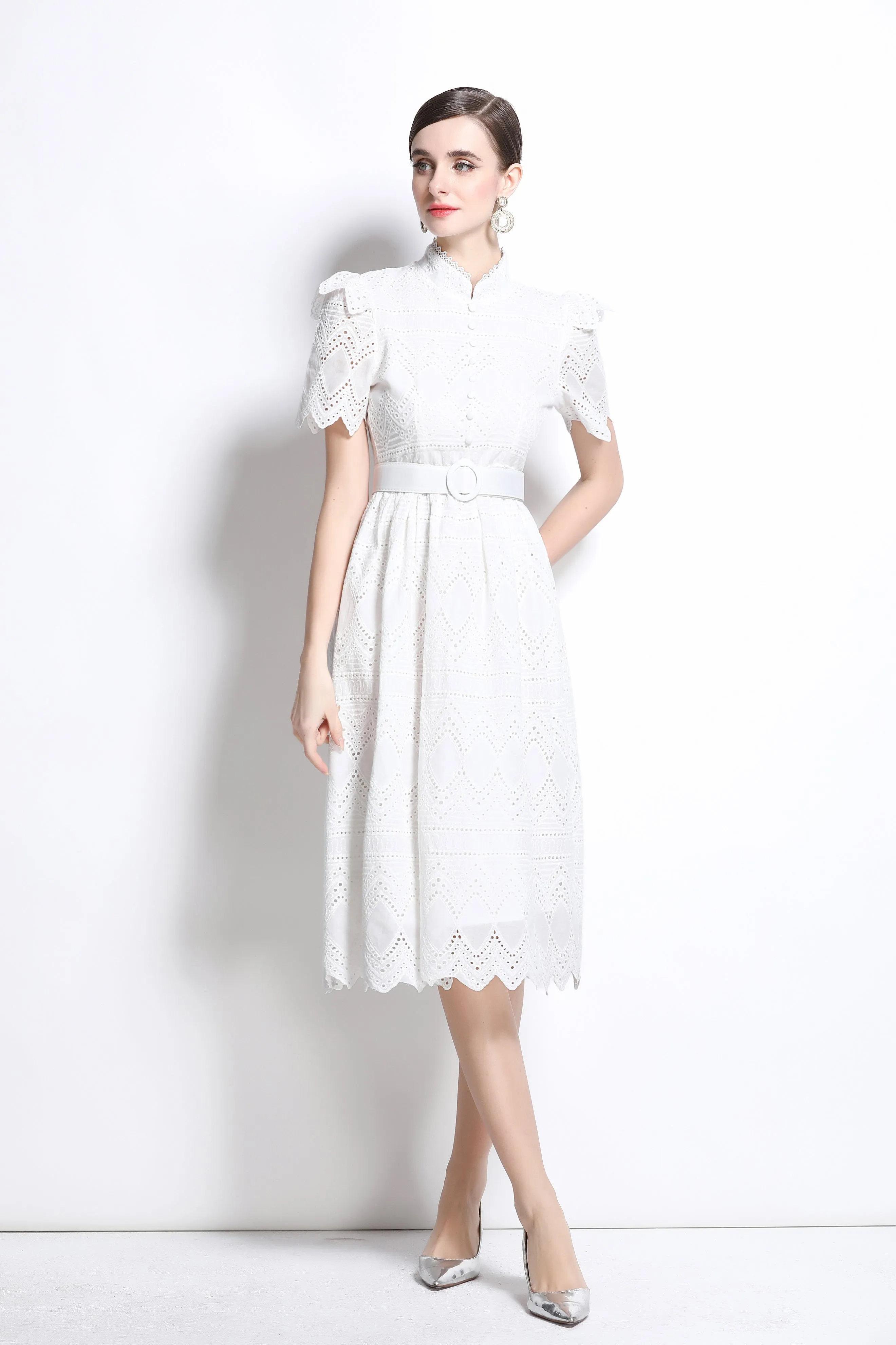 Women's Short Sleeve Lace Buttons Ruffles Midi Dress