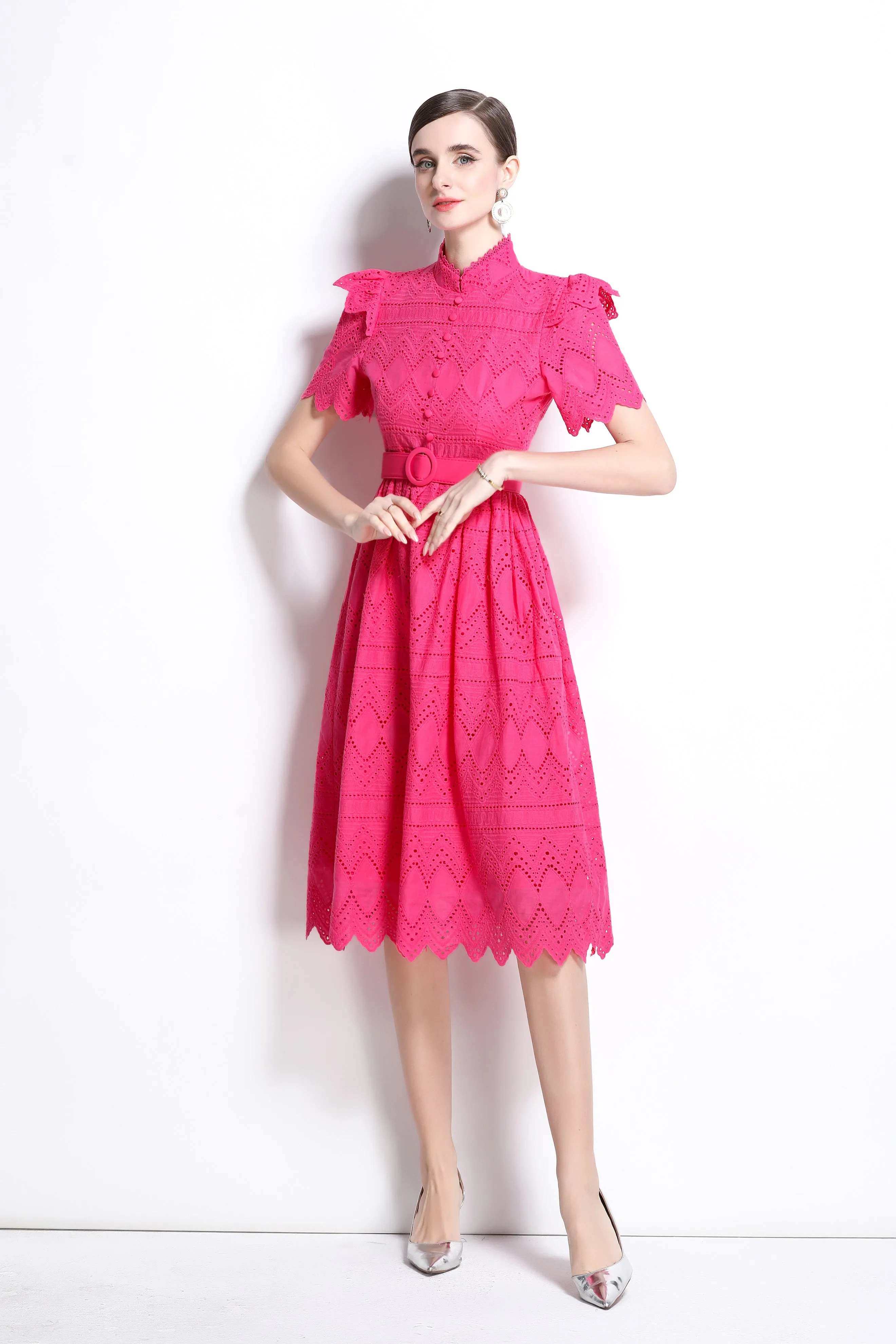 Women's Short Sleeve Lace Buttons Ruffles Midi Dress